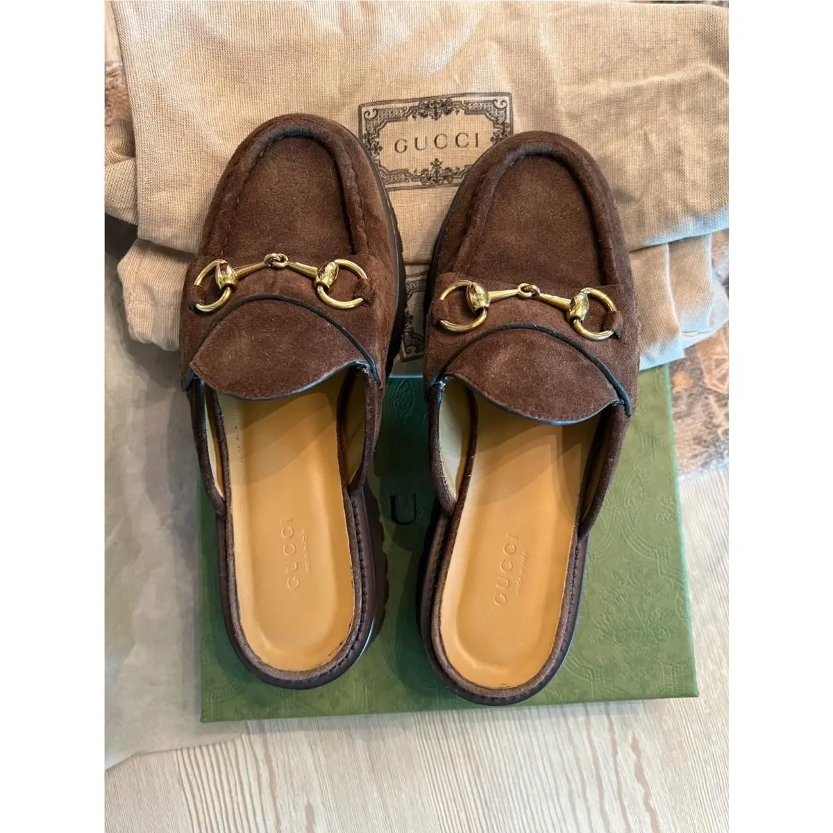 Brown Sueded Horsebit Mule Shoes Size 37 1/2 by Gucci