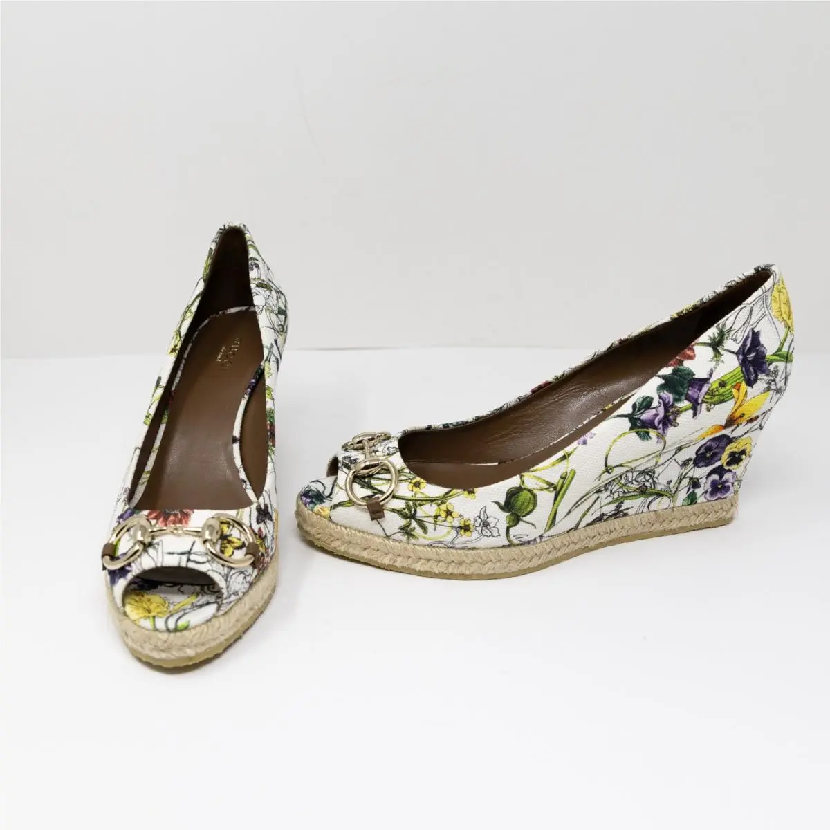 Floral Flower Print Horsebit Open Toe Wedge Heels Slip On Shoes 9.5 by Gucci