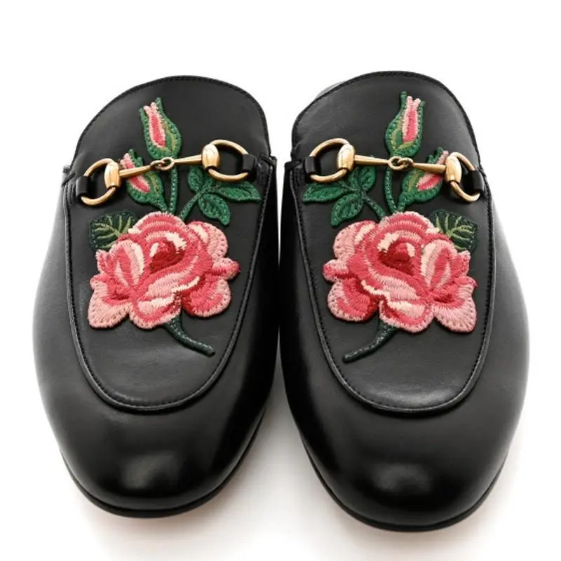 Gucci Princetown Leather Mules Enbroidered Floral Horse-bit Flats Sz. 36
