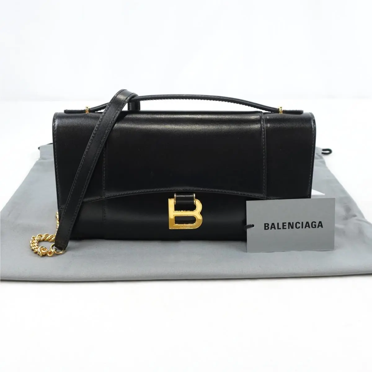 Balenciaga Hourglass Pochette Shoulder Bag with Chain Strap In Black Leather
