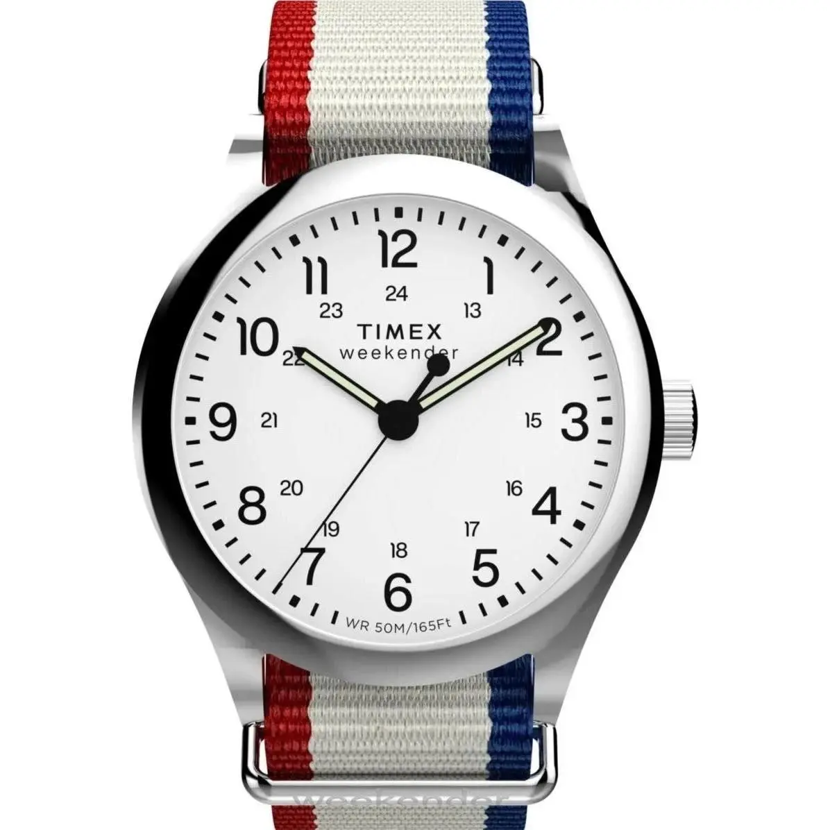 Weekender TW2Y15500 Men`s 39mm White Dial 24hr Red White Blue Fabric Watch by Timex