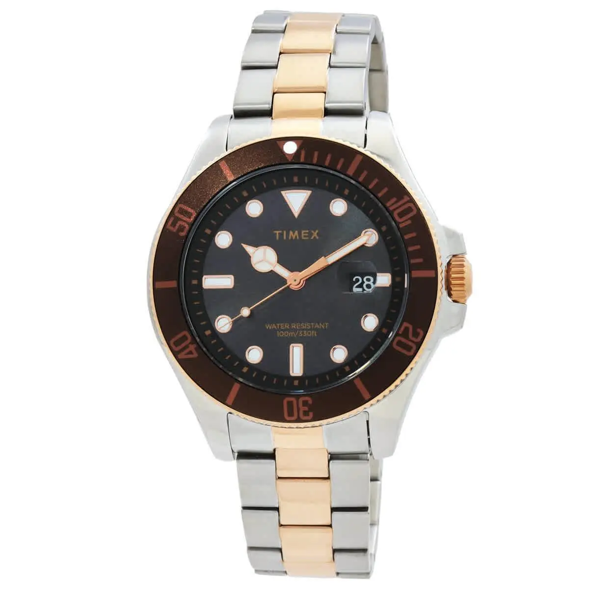 Timex Harborside Coast Quartz Black Dial Men`s Watch TW2V42100VQ - Dial: Black, Band: Two-tone (Silver-tone and )Rose Gold-tone, Bezel: Silver-tone