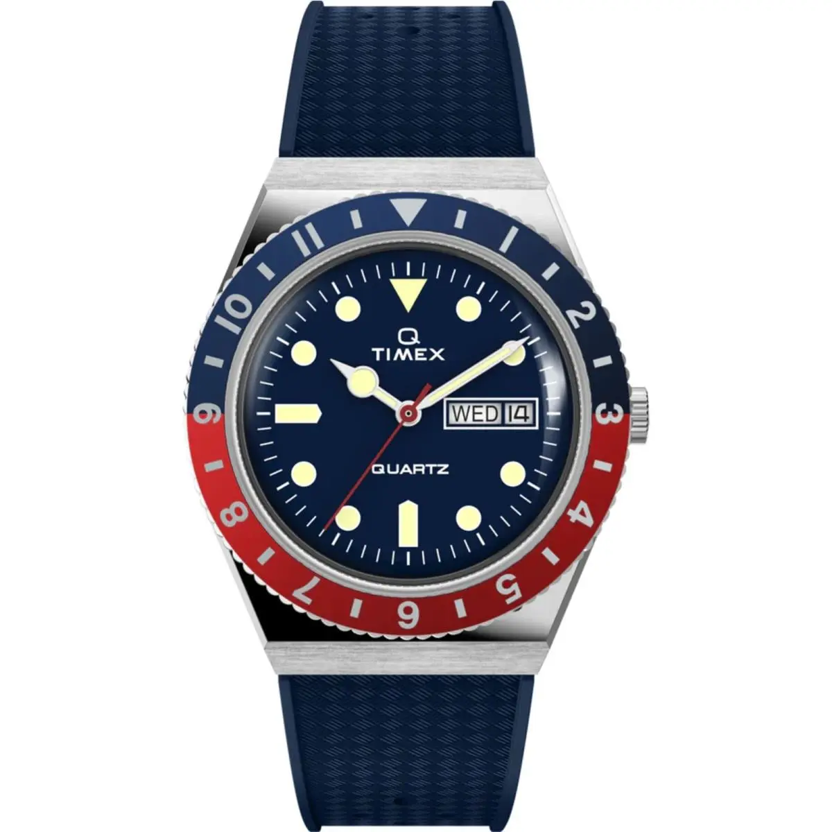 Timex Men`s Watch Q Quartz Rotating Bezel Blue Dial Strap Day-date TW2V32100