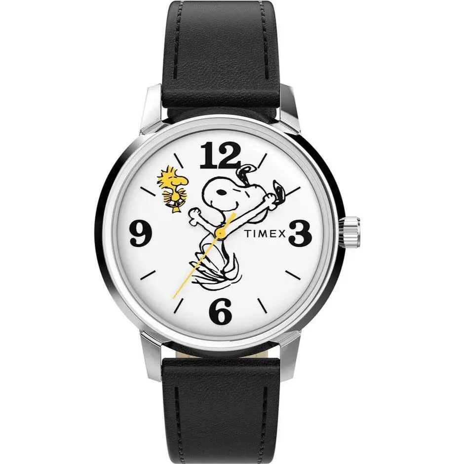 x Peanuts Marlin 75th Anniversary 38mm Black Leather Strap Watch TW2Y19900 by Timex