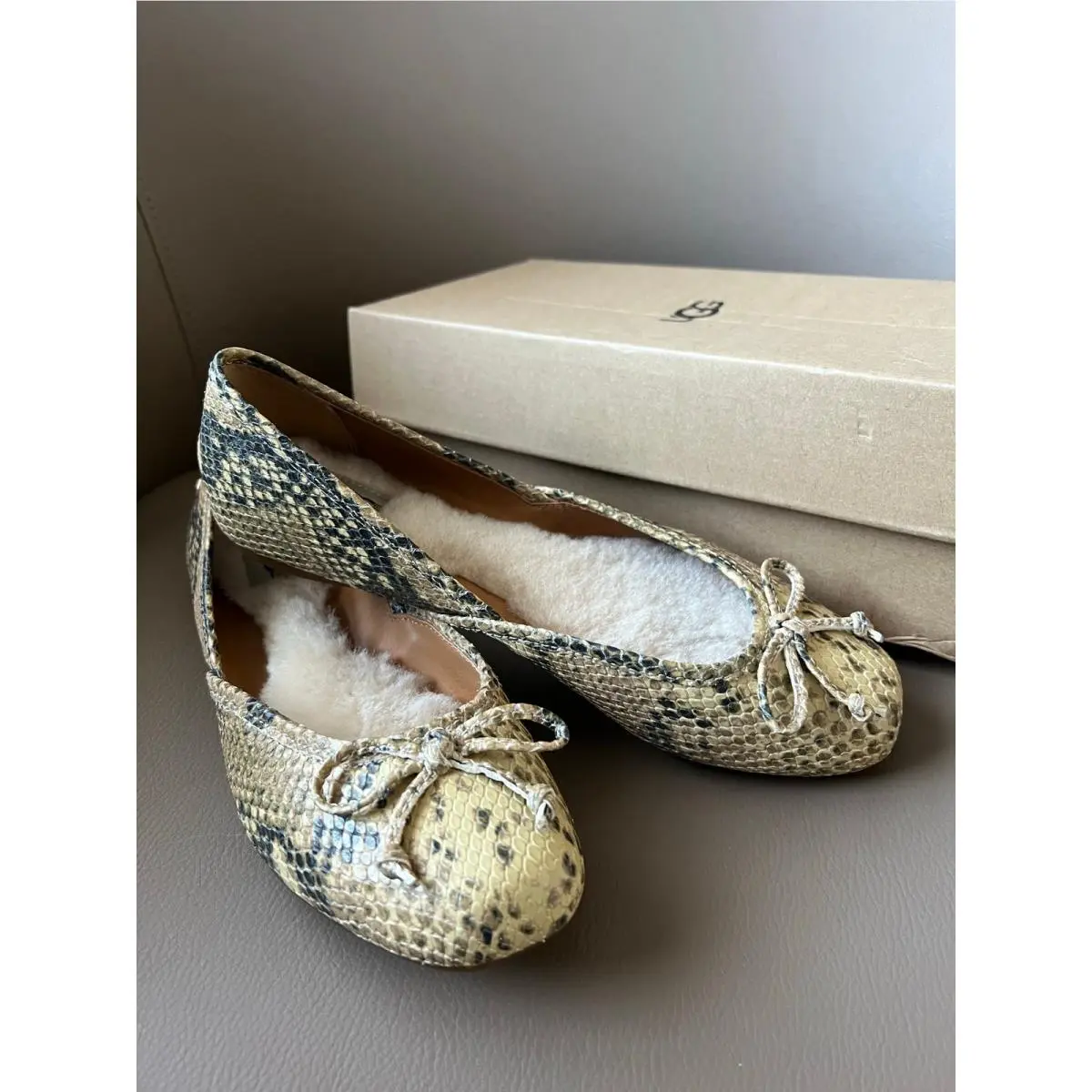 Ugg Lena Exotic Snake Python Ballet Flats Shoes Sherpa Fur Bow Sheepskin 6.5