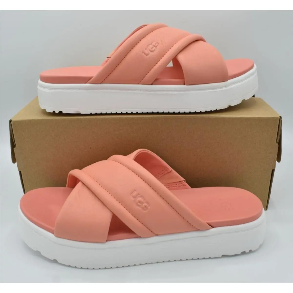 Ugg Women Size 11 Zayne Crossband Starfish Pink Leather Platform Slides Sandals