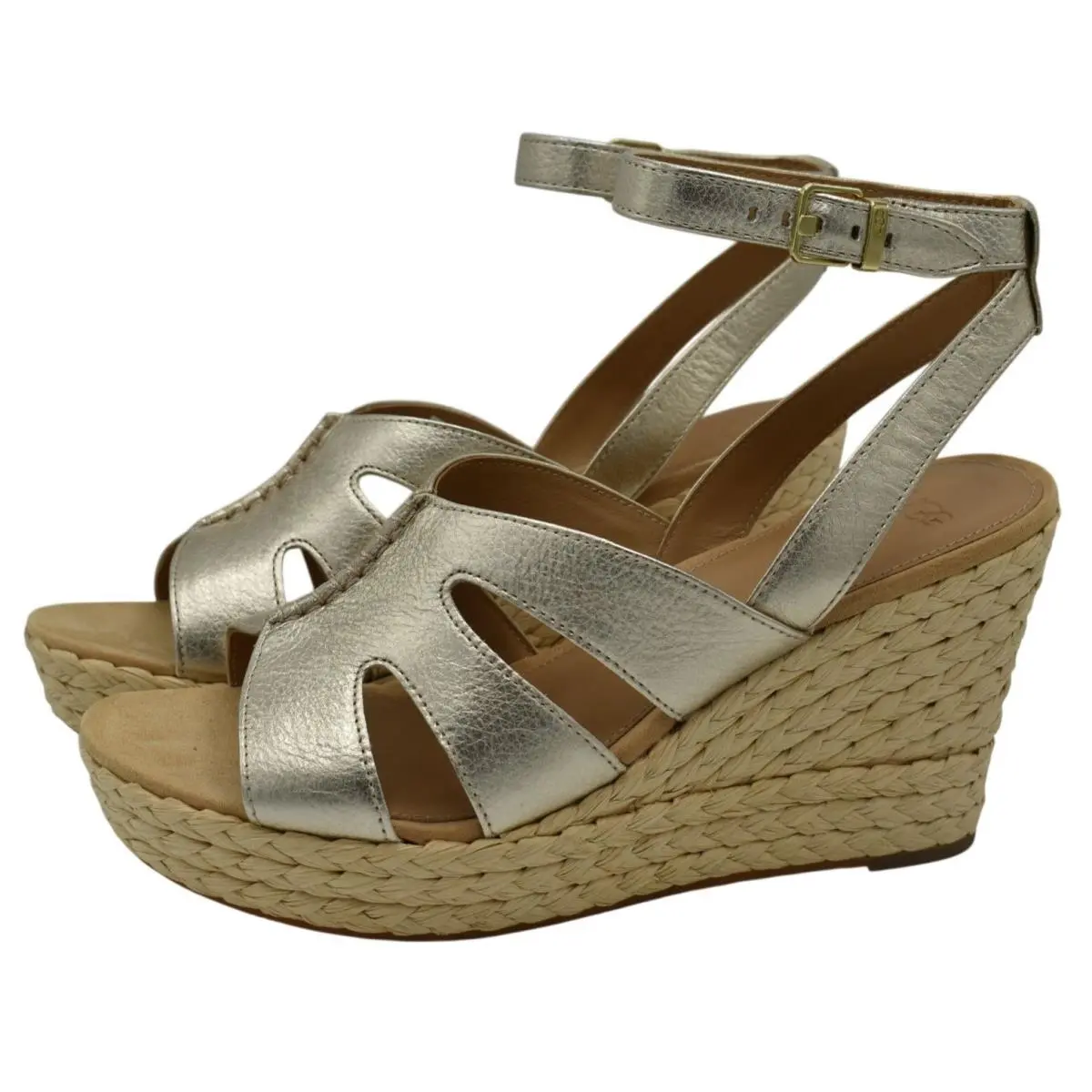 Ugg Womens Size 11 Careena Pale Gold Metallic Espadrille Wedge Platform Sandals