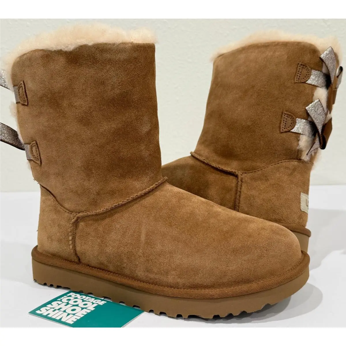 Women Ugg Bailey Bow Sparkler Boots Suede Wool Ribbons Chestnut Brown 1117571 8