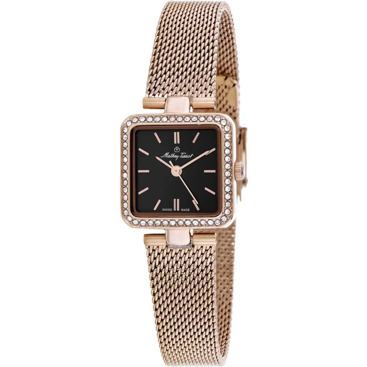 Mathey Tissot Women`s Watch Fleury Xiv Black Dial Rose Gold Mesh Bracelet FOO2PN