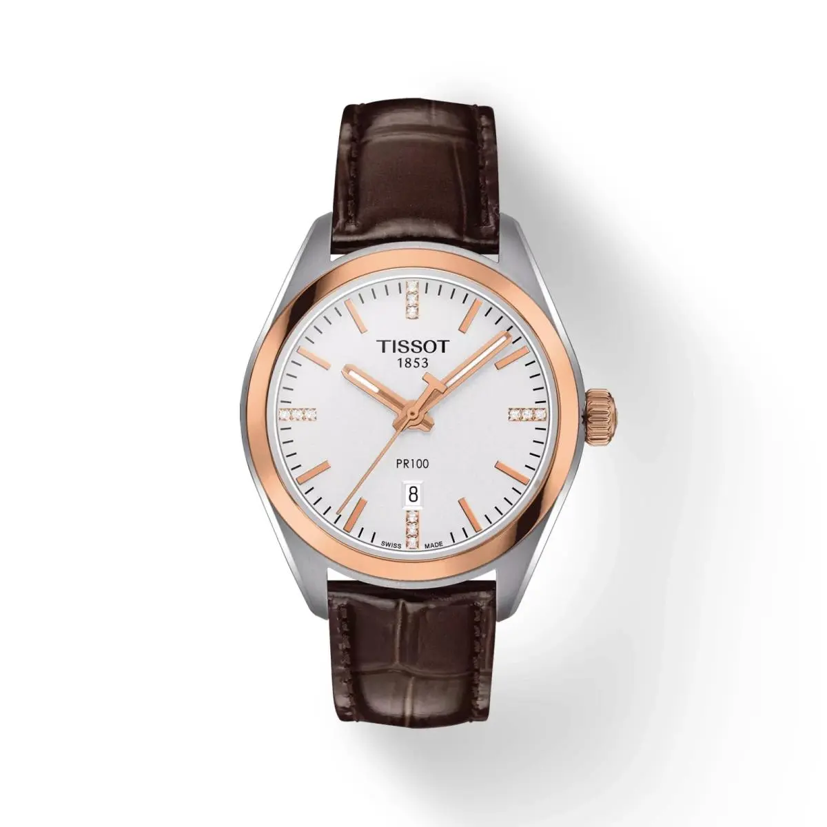 Tissot PR100 Silver Dial Brown Leather Rose Gold Ladies Watch T1012102603600