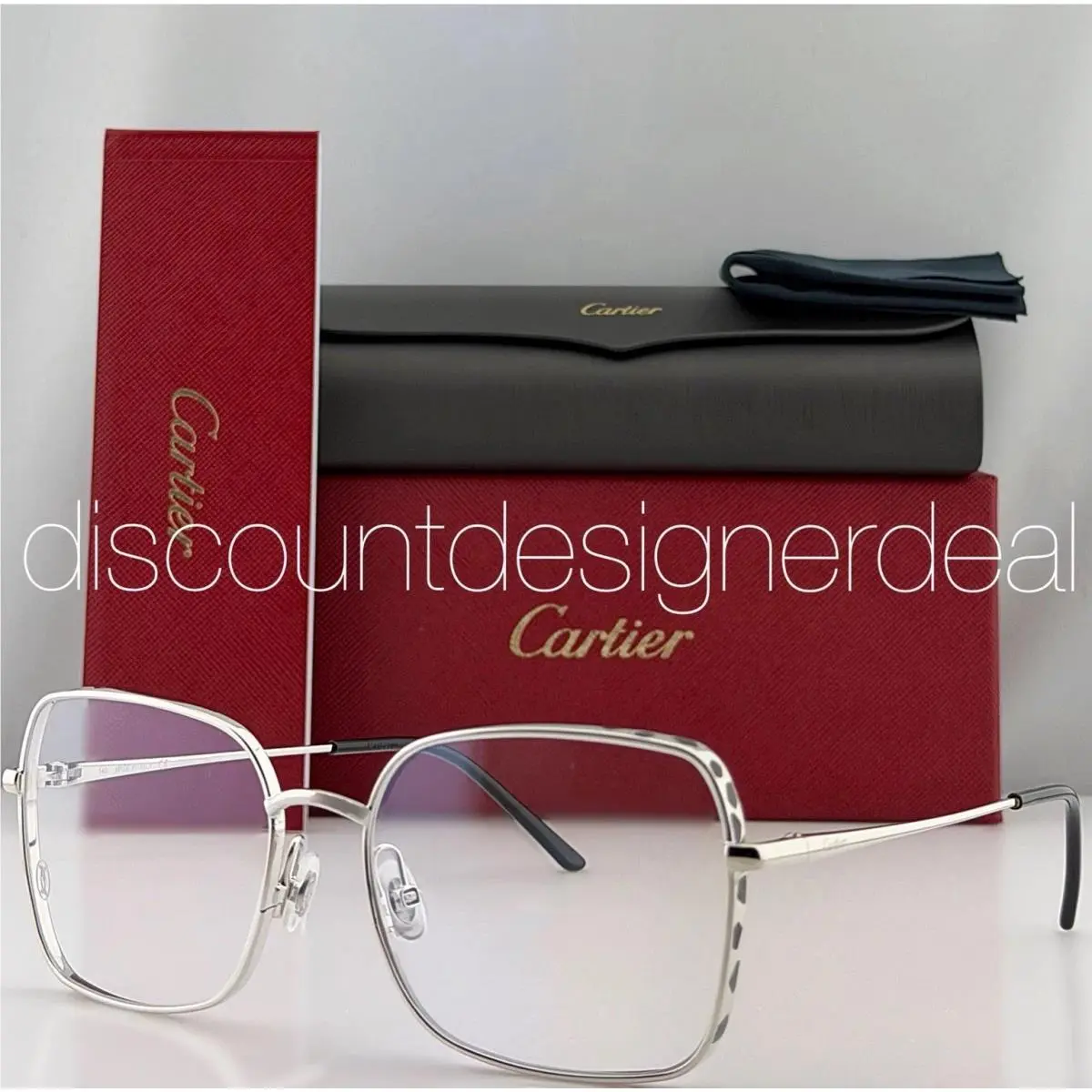 Cartier Square Eyeglasses CT0310O 002 Silver Metal Leopard Clear Lens 56mm
