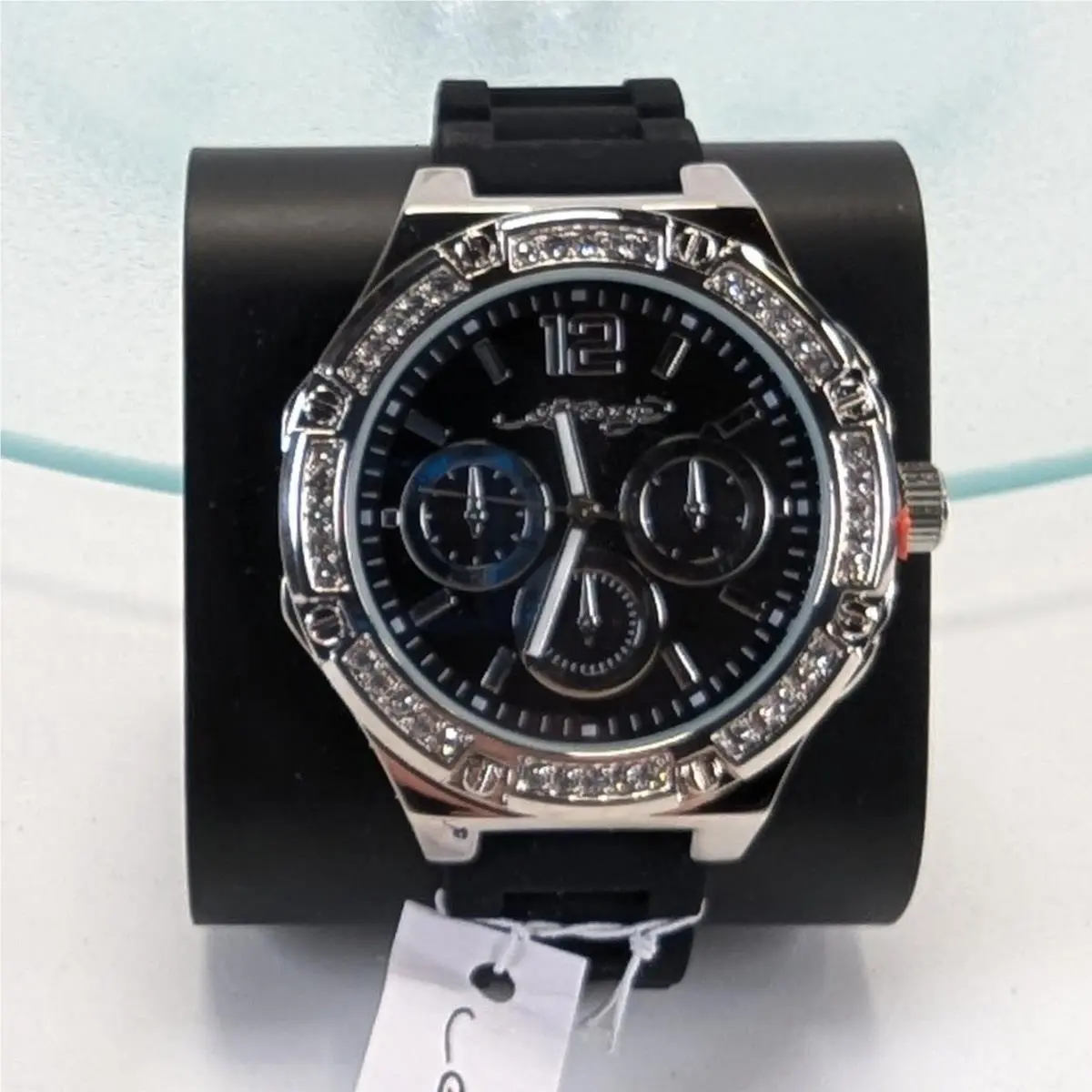 Mens Black Dial Watch Rhinestone Bezel w Silicone Band by Ed Hardy
