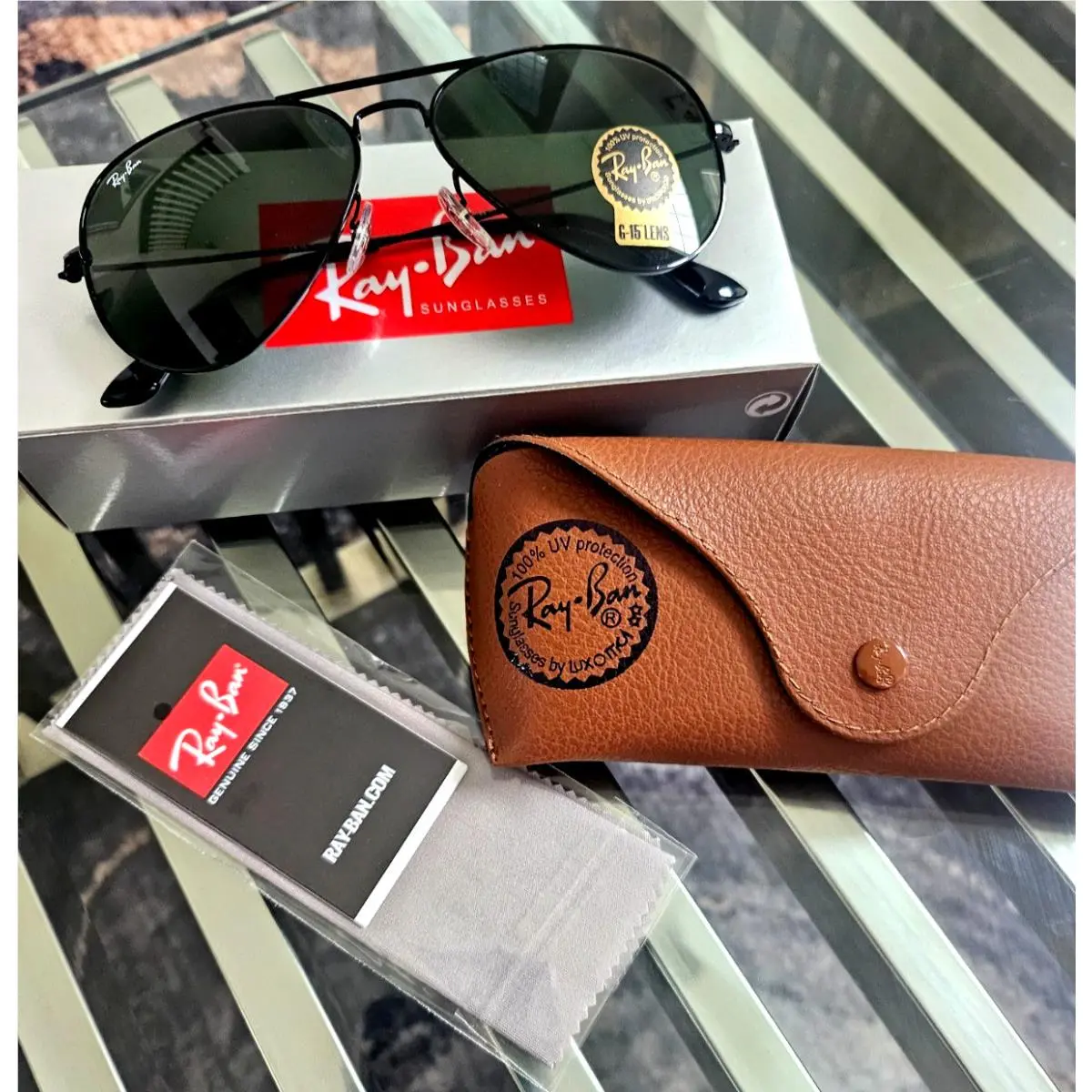 Ray-ban Aviator Sunglasses Black Frame Dark Green Crystal G 15 Lens 3025 58 mm