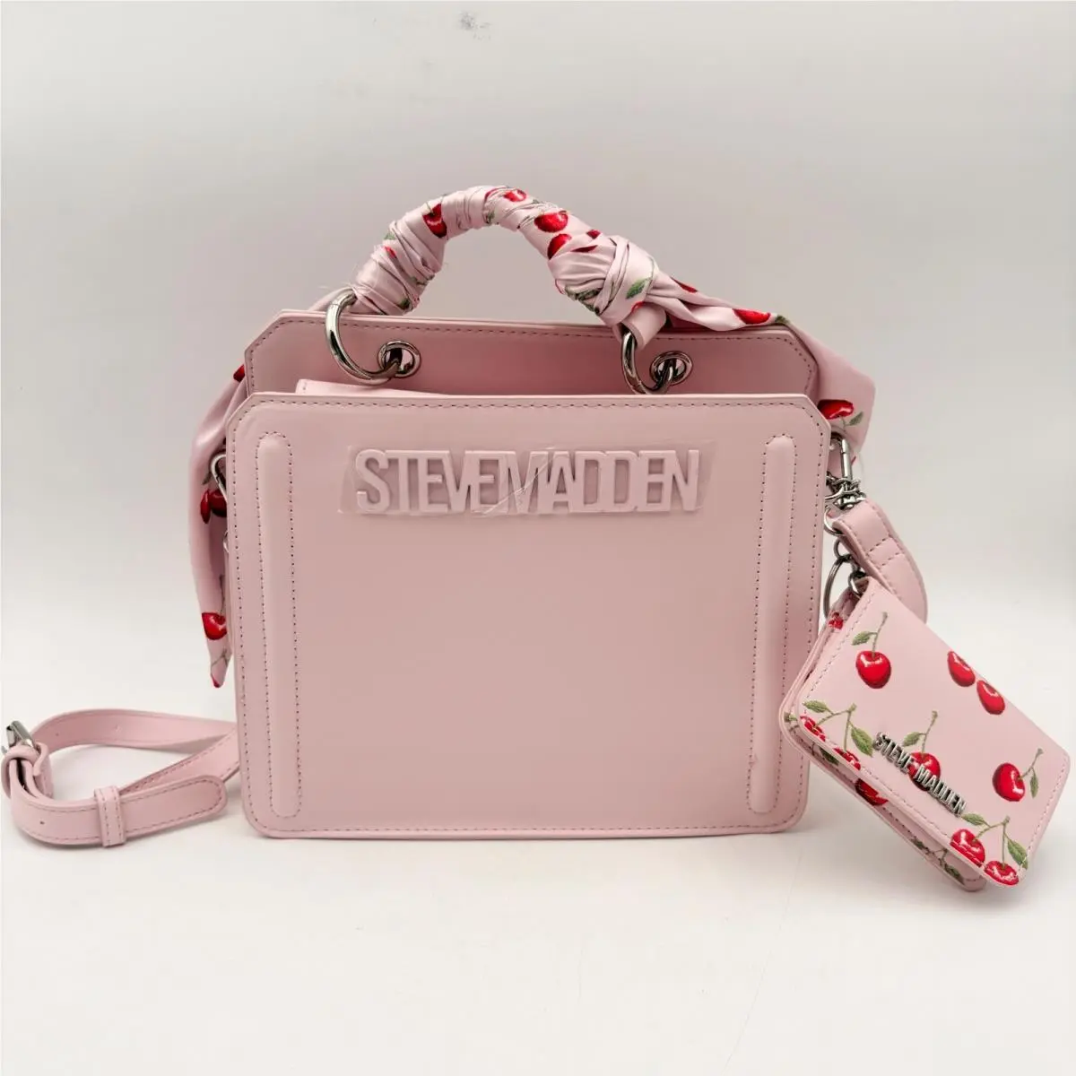 Steve Madden Bevelyn Pink Crossbody Bag Cherry Scarf Handle Card Holder