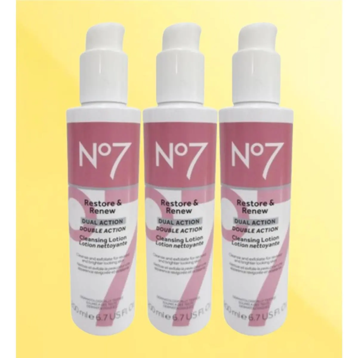 NO7 Restore Renew Dual Action Cleansing Lotion 6.7 OZ Lot OF 3 by No7