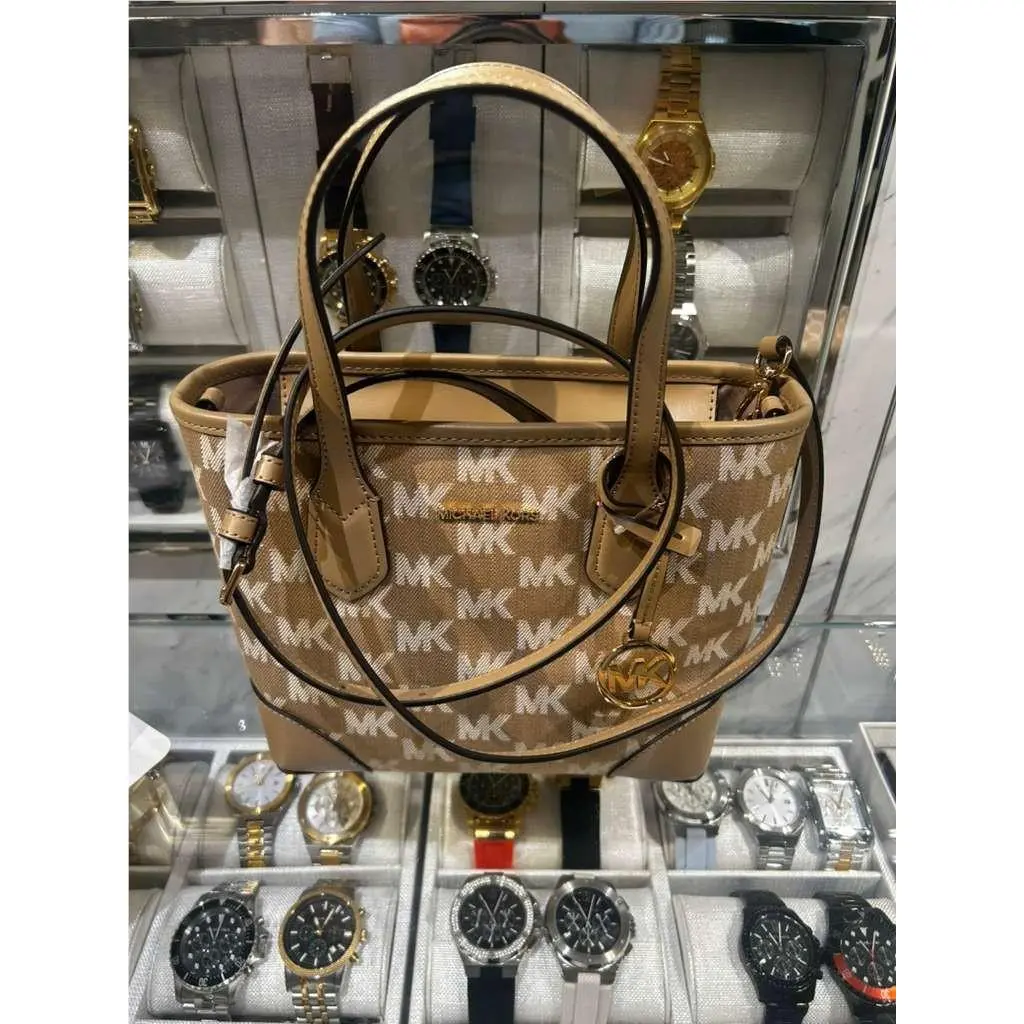 Eva Women X-small Logo Jacquard Denim Convertible Tote Bag Purse MK CAMEL by Michael Kors