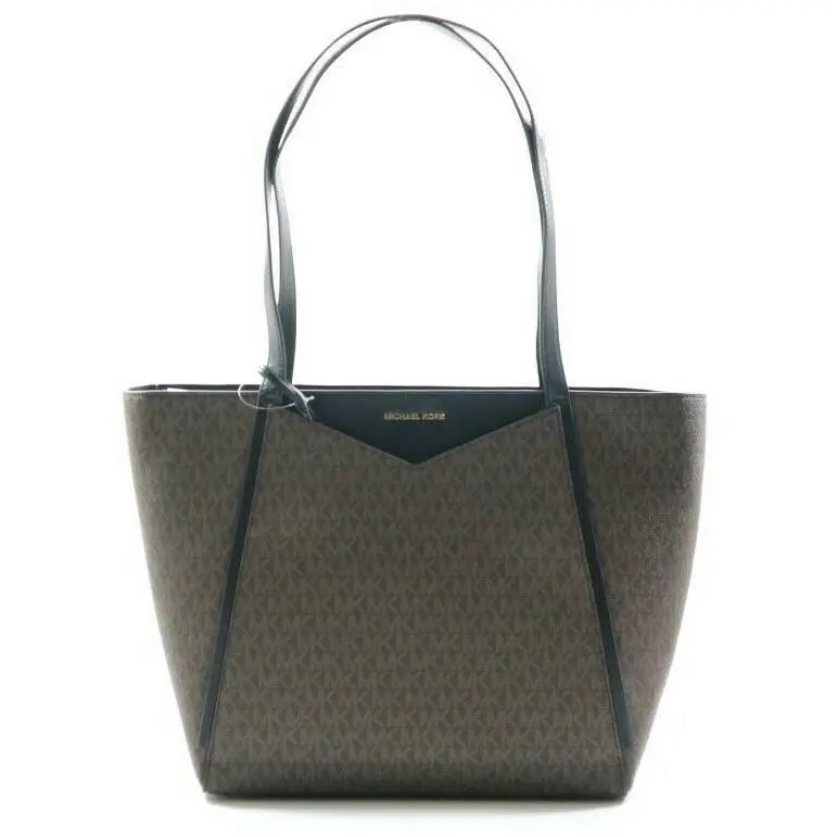 Michael Kors Whitney Large Travel Tote Top Zip Leather Logo MK Signature Brown