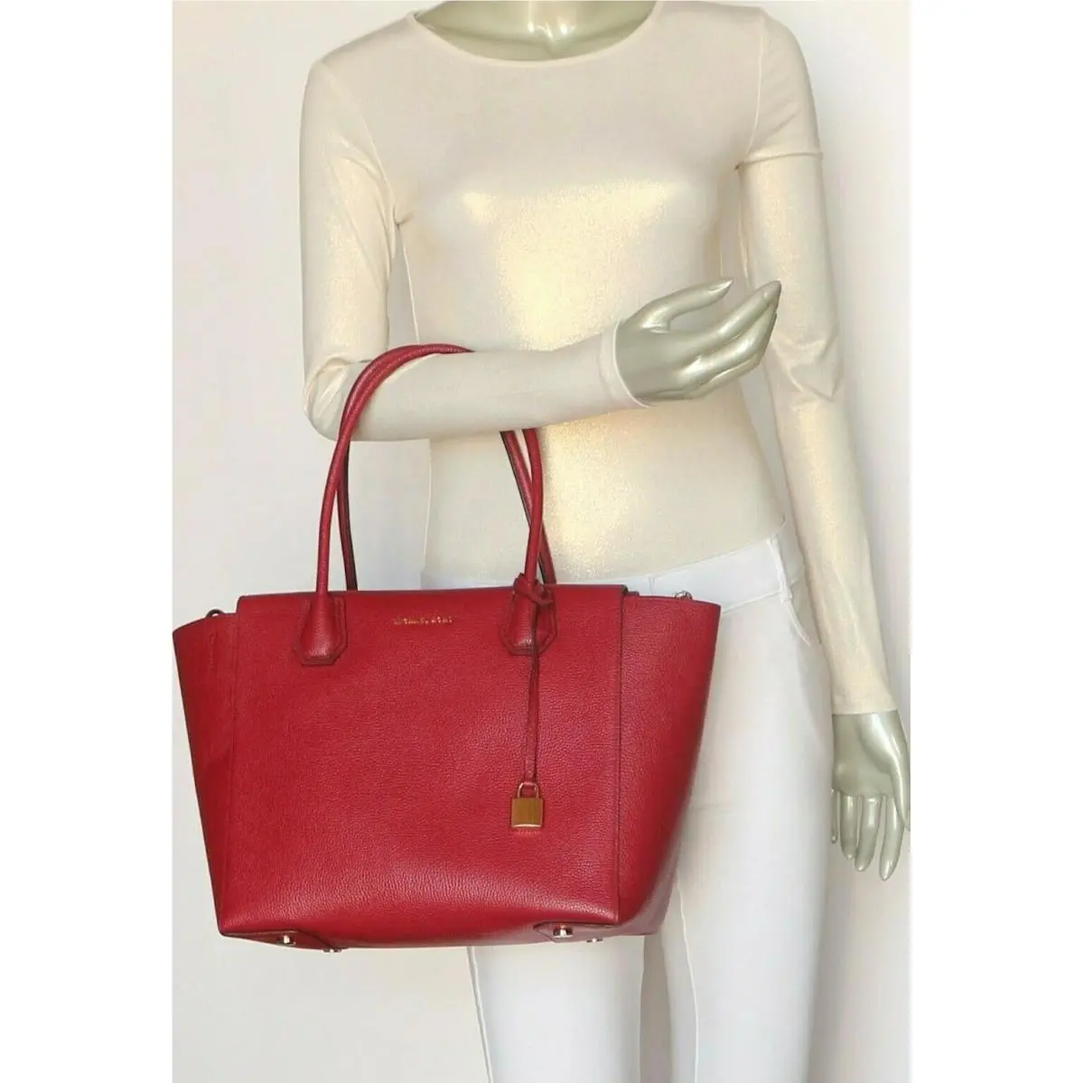 Michael Kors Mercer Large Leather Satchel Tote Bag in Cherry
