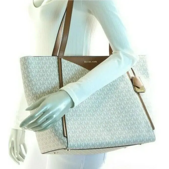 Whitney Large Travel Tote Top Zip Leather Logo MK Signature Vanilla by Michael Kors