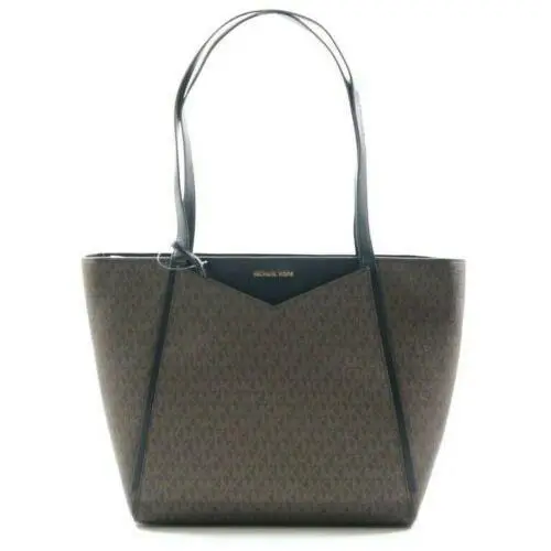 Whitney Large Leather Tote Bag Acorn Vanilla Brown Signature Brown/Black by Michael Kors