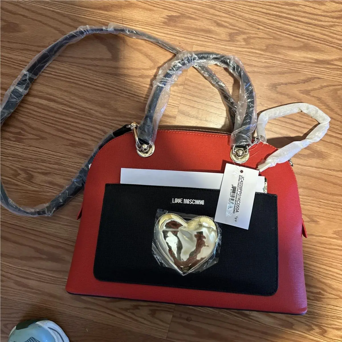 Love Moschino Red Black Gold Satchel with Heart Chain Logo Coin Purse