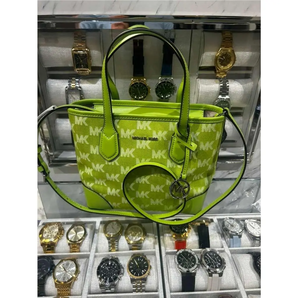 Michael Kors Eva Women Extra-small Logo Jacquard Denim Convertible Tote Bag Lime