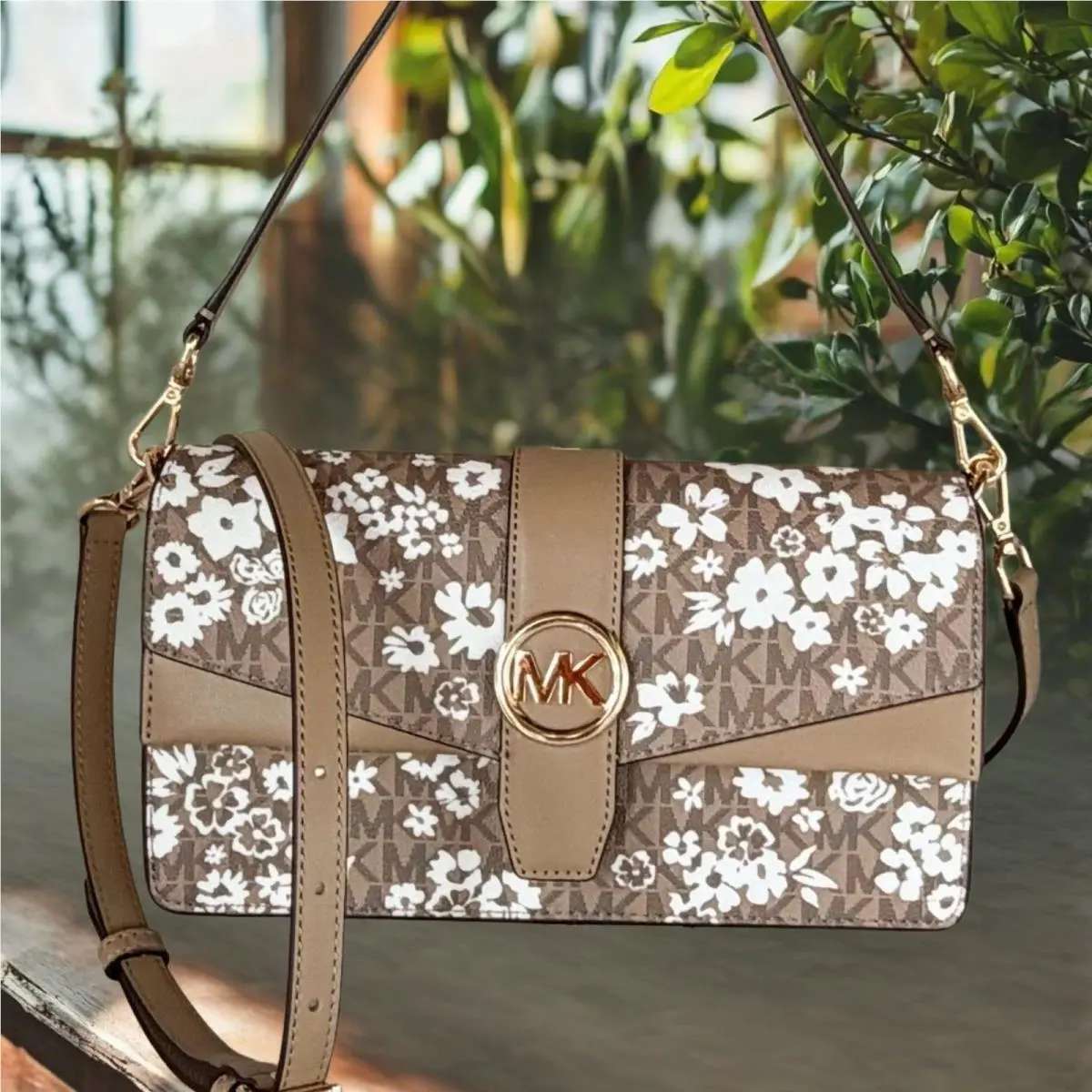 Michael Kors Greenwich Women Medium Printed Logo Flap Shoulder MK Bag Camel