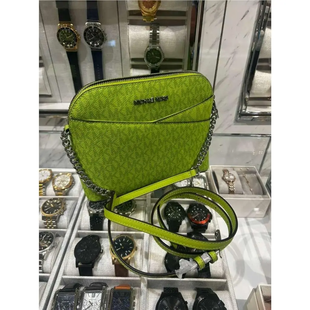 Michael Kors Jet Set Travel Women Medium MK Logo Dome Crossbody Purse Bag Lime