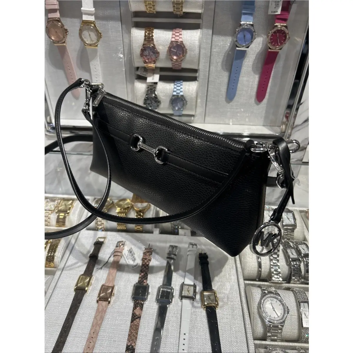 Michael Kors Carson SM Convertible Pouchette Shoulder Crossbody Bag Black/silver