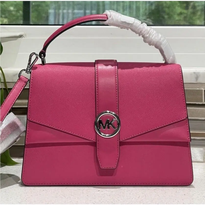 Michael Kors Greenwich Medium Flap Satchel Shoulder Bag Purse Dragonfruit Pink