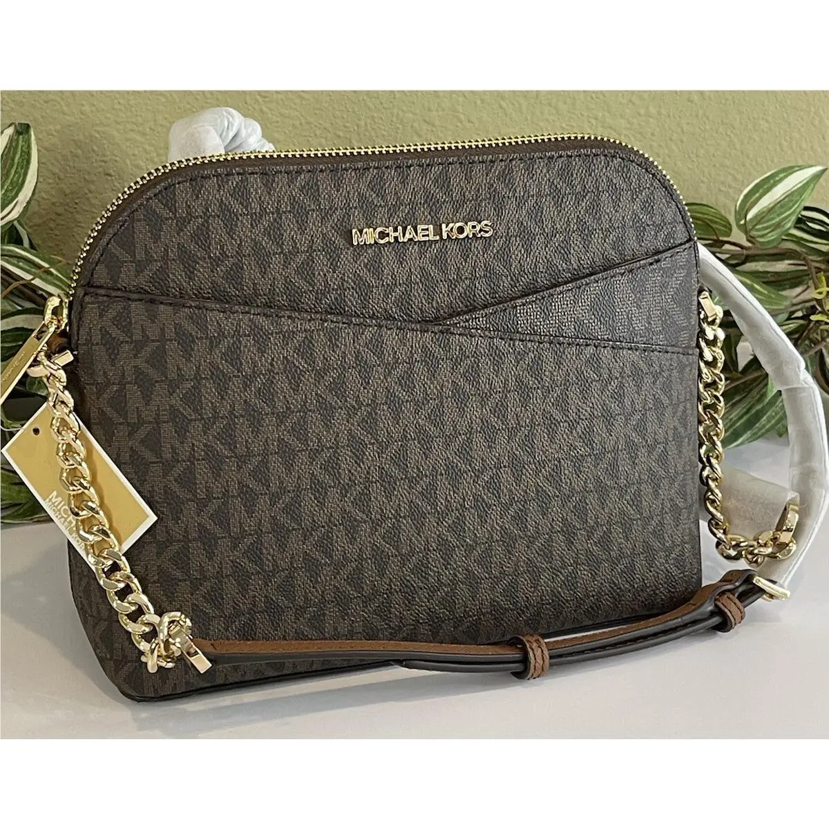 Jet Set Travel Medium Dome Chain Crossbody Bag Tote MK Brown Logo by Michael Kors