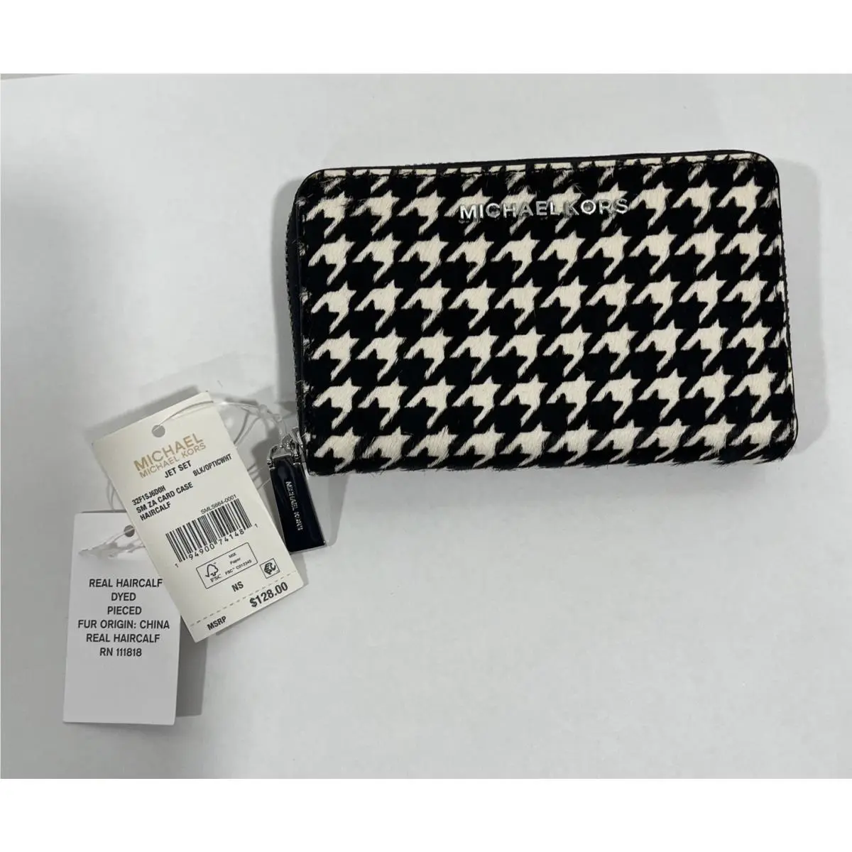 Michael Kors Houndstooth Printed Calf Hair Wallet Black/white