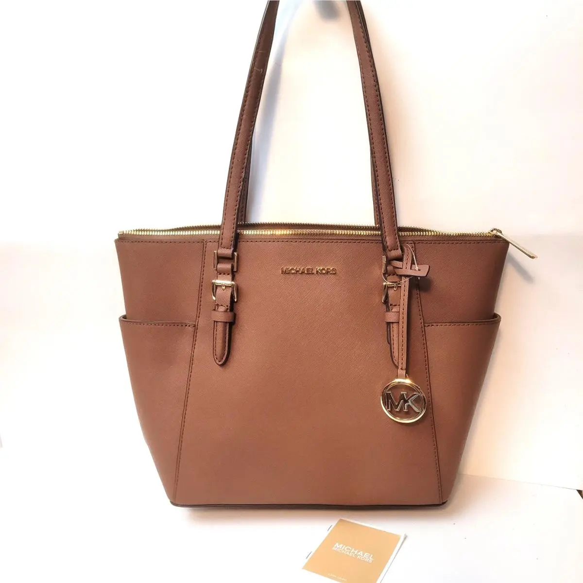 Michael Kors Charlotte Medium Large Zip Tote Shoulder Bag Luggage Brown Leather