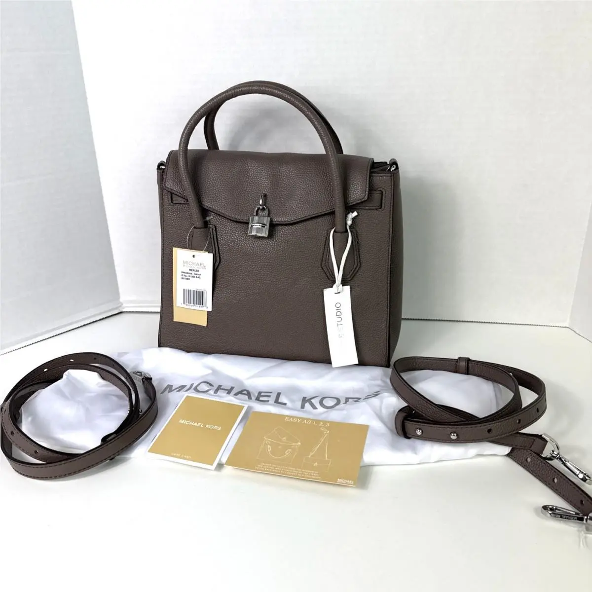 Michael Kors Studio Mercer Large All in One Bag Cinder Leather Padlock B1