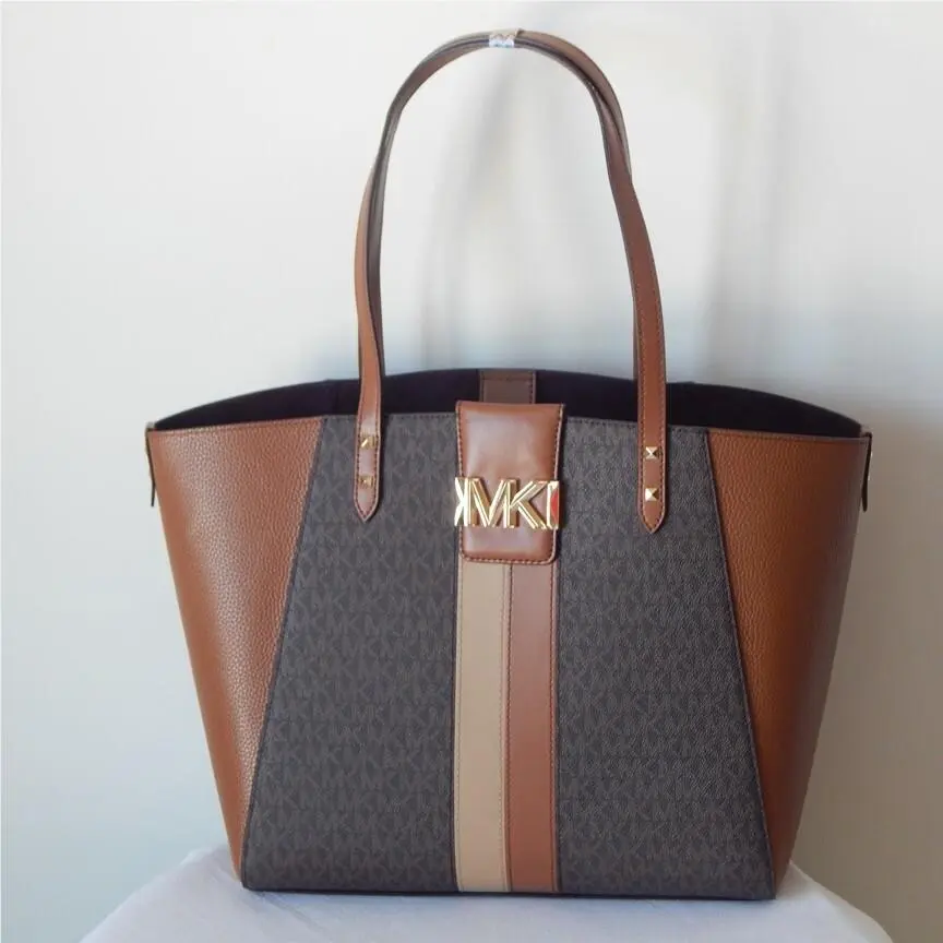 Michael Kors Karlie Monogram Center Stripes Studs Brown Multi Large Tote Bag