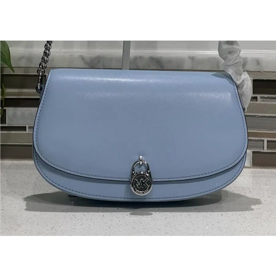 Michael Kors Mila Medium Flap Crossbody Shoulder MK Lock Bag Blue Leather Silver