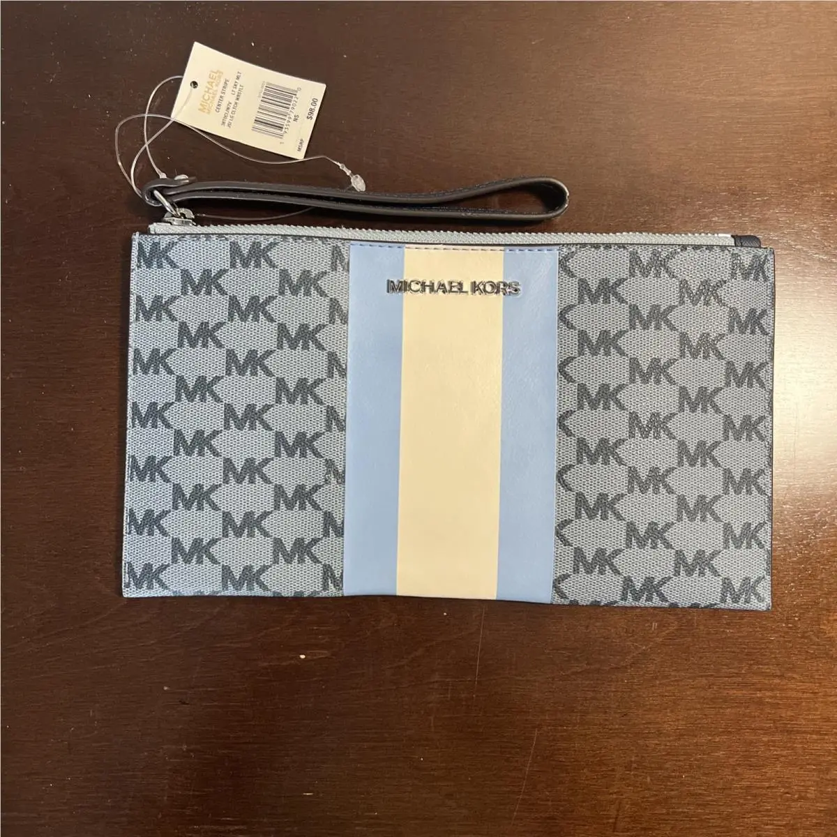 Michael Kors Wallet Women`s Center Stripe MK Signature LG Zip Clutch Wristlet