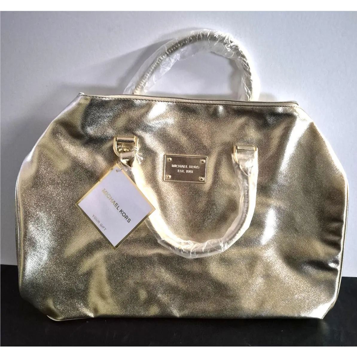 Michael Kors Metallic Gold Duffle Bag Travel Weekender Leather Gift