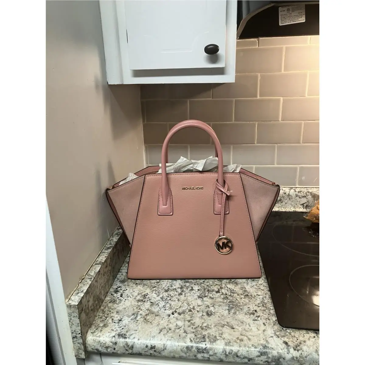 Michael Kors MK Avril Tote Leather Suede Sunset Rose Handbag with Shoulder Strap