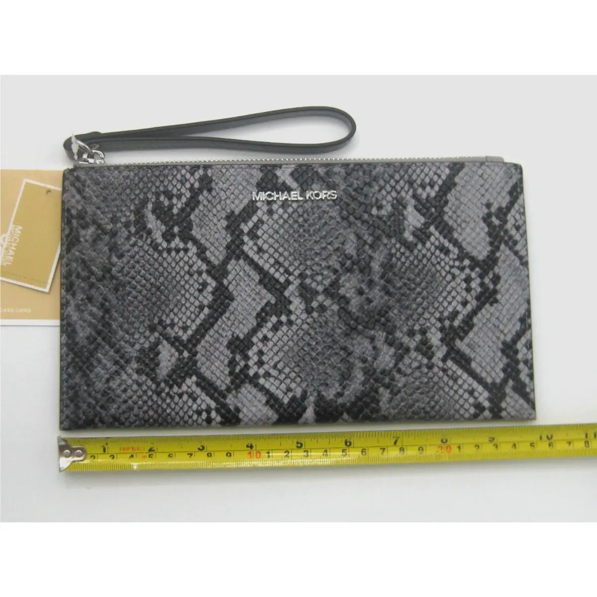 Michael Kors Jet Set LG Zip Clutch Snake Print Leather Wristlet Quarry Grey