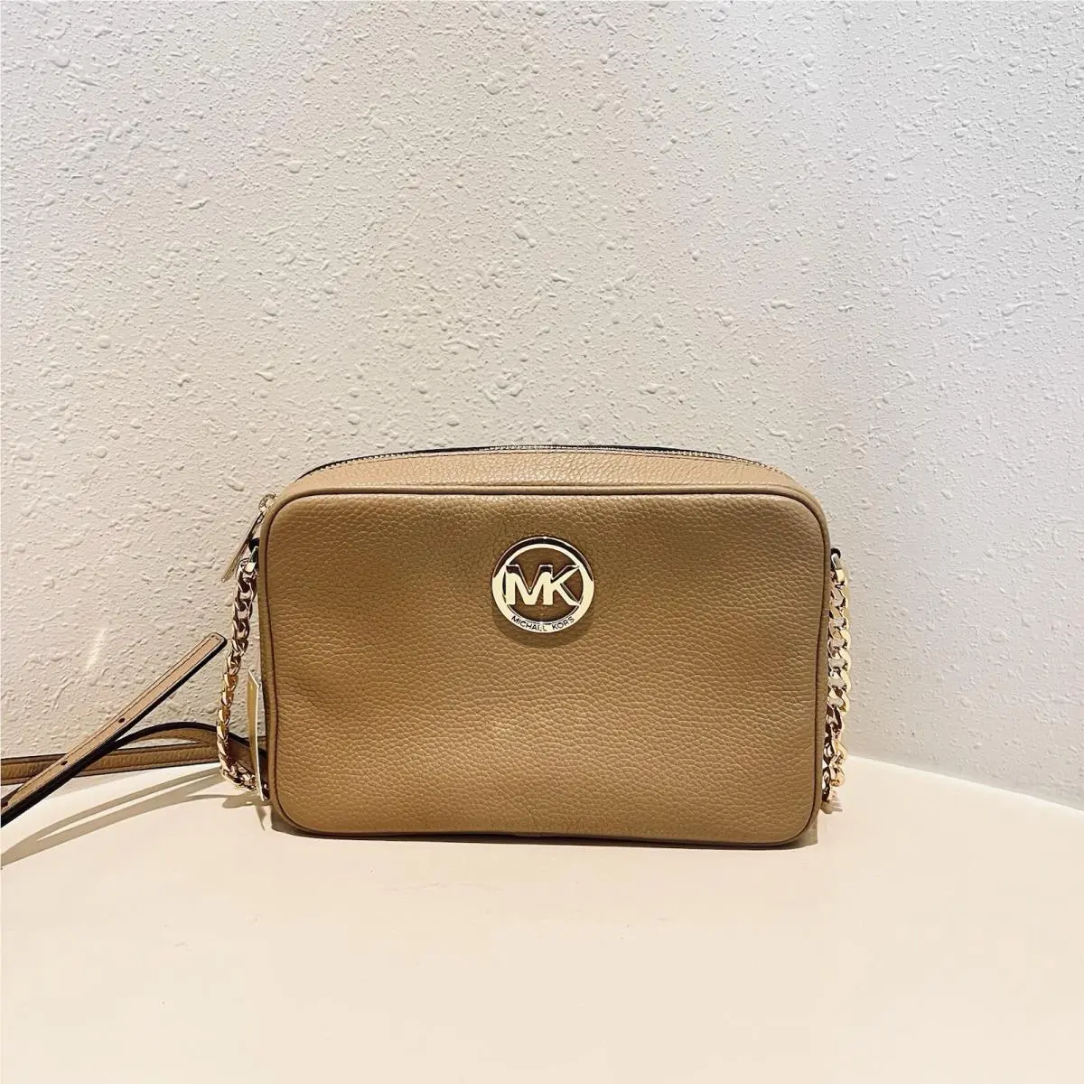 Michael Kors Fulton Leather Camel Large Camera Crossbody Bag