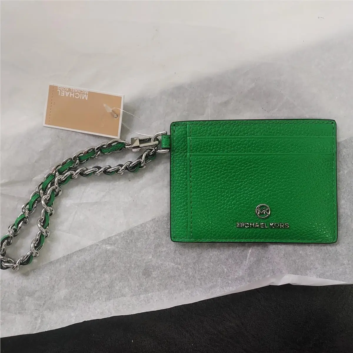 Leather Jet Set Charm Small ID Chain Card Holder Palm Green by Michael Kors
