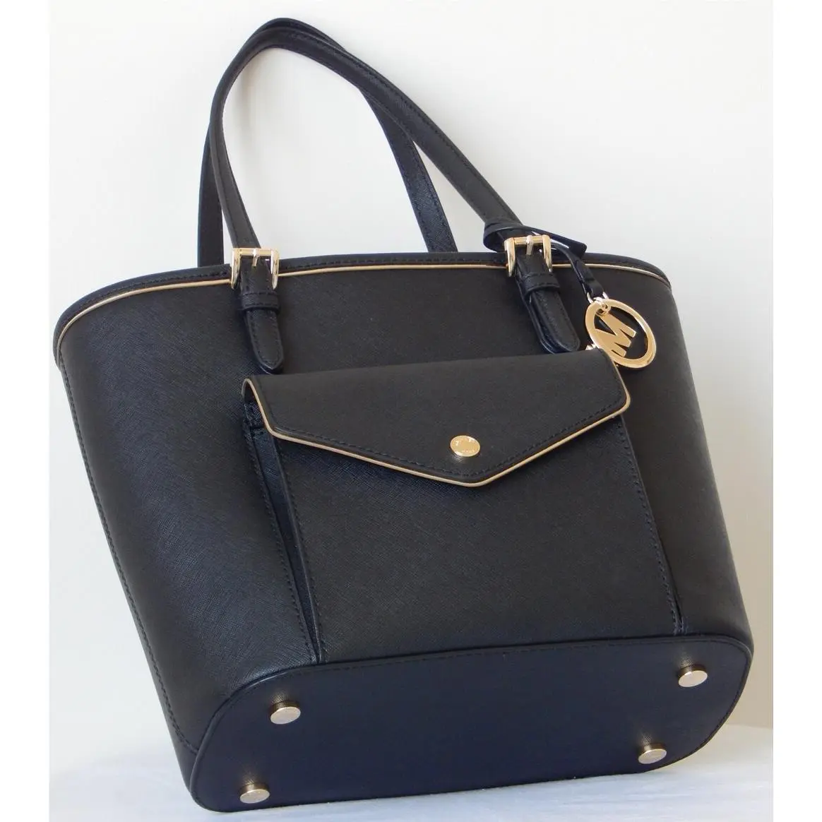 Michael Kors Saffiano Frame MD Pkt MF Black Leather Tote Bag