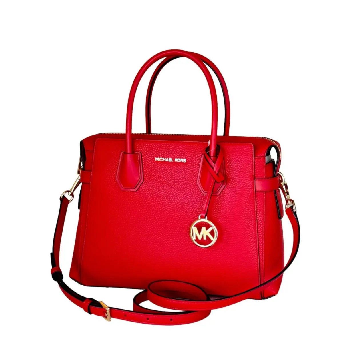 Michael Kors Mercer Medium Belted Satchel Shoulder Crossbody Bag Bright Red