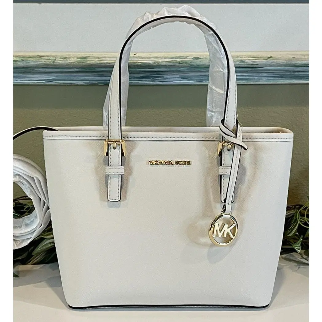 Michael Kors Jet Set Travel XS Zip Crossbody Tote Bag Messenger Cream White Gold