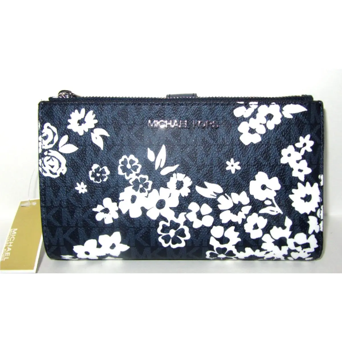 Michael Kors Jet Set Double Zip Wristlet Wallet Admiral Blue Floral Phone