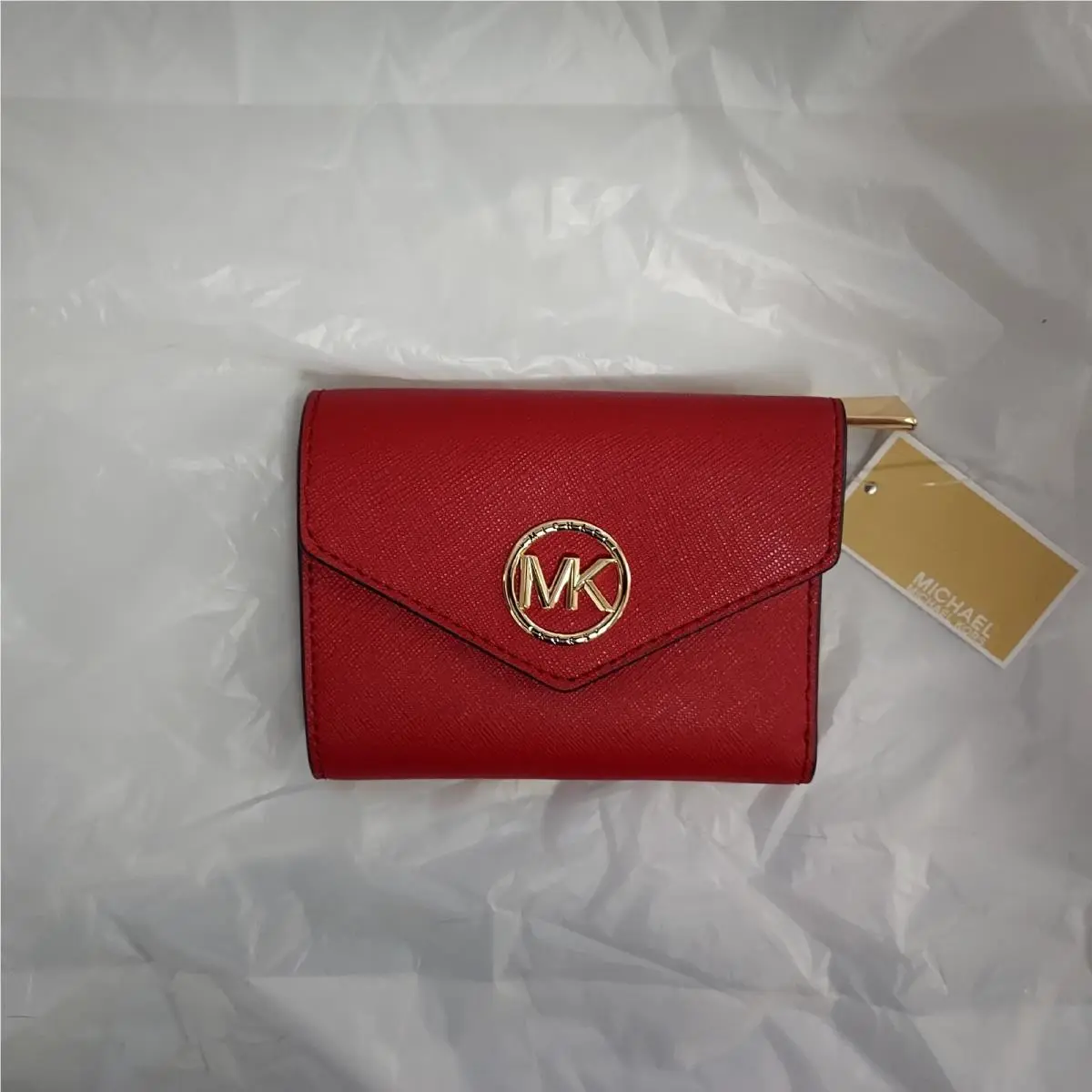 Michael Kors Greenwich Envelope Trifold Crimson Red Saffiano Logo Leather Wallet
