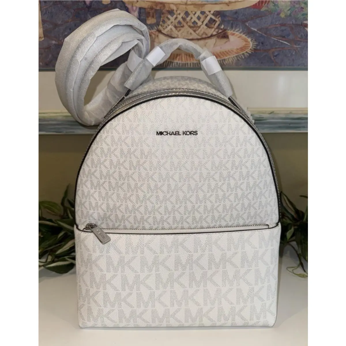 Michael Kors Sheila Medium Zip Backpack Bag Travel Trip Tote MK Logo Silver