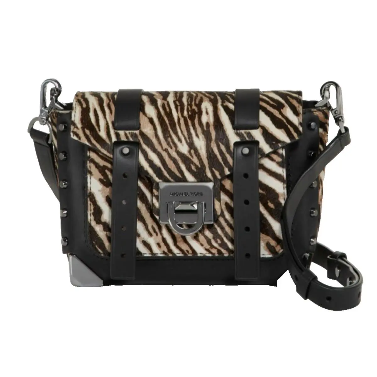 Michael Kors Manhattan Sm Zebra Print Messenger Xbody Purse Color Gunmetal/multi