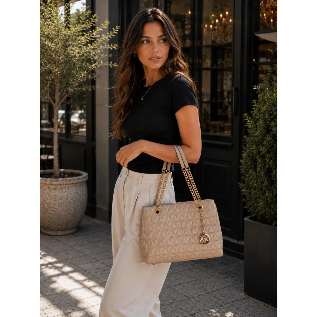 Michael Kors Susannah Quilt Lamb Soft Leather Large Tote Tan Oyster